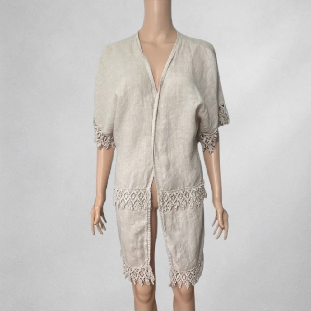 Valentina Naldi 100% Linen Women’s Tunic L/XL One Size Lace Trim Boho Italy 0157